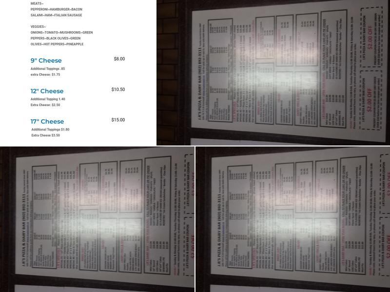 J.R's Pizza & Dairy Bar Menu