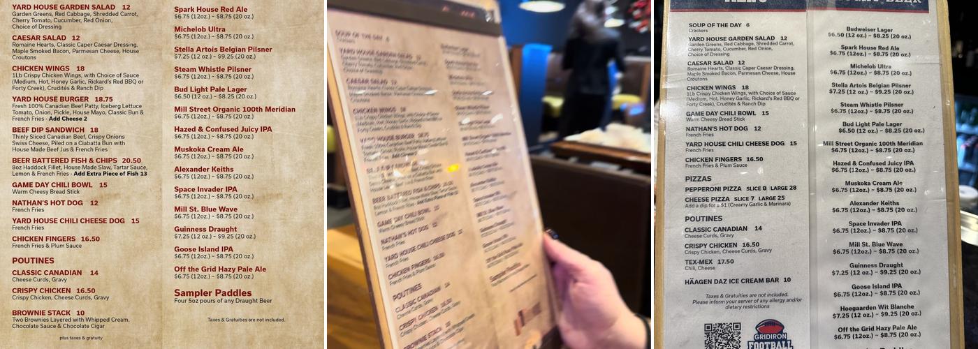 Simcoe Yard House Pub Menu