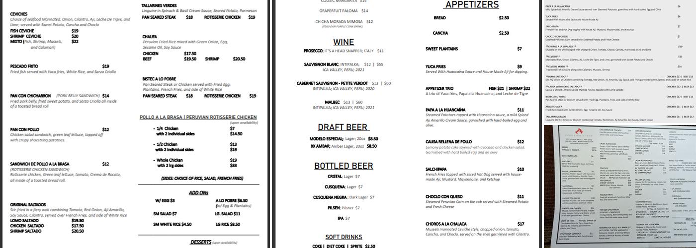 Peruvian Fuego Menu