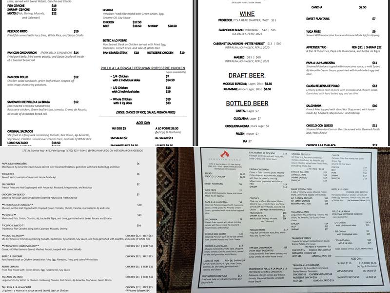 Peruvian Fuego Menu
