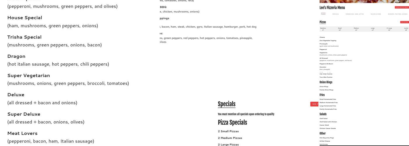 Lee's Pizzeria Menu