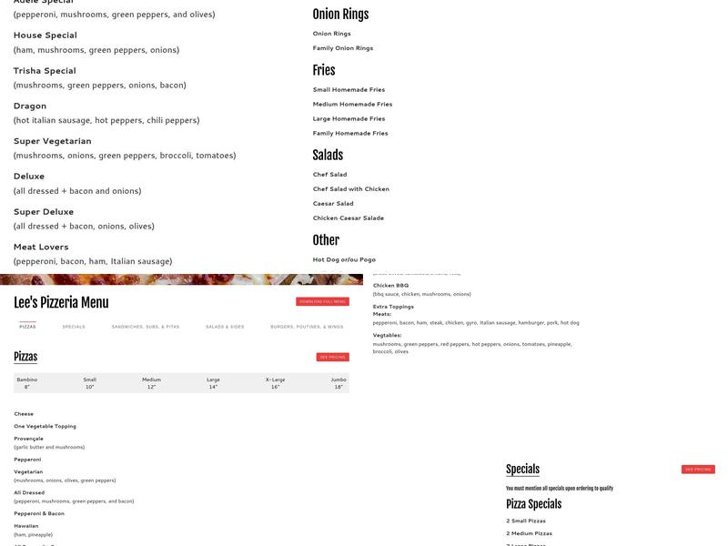Lee's Pizzeria Menu