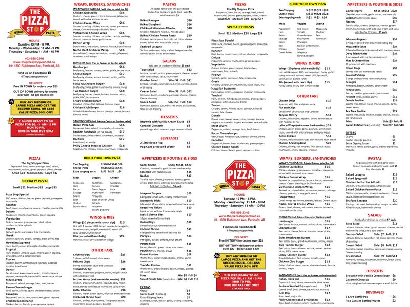 The Pizza Stop Menu