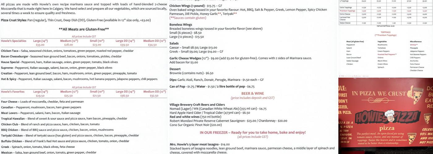 Howie's Pizza Menu