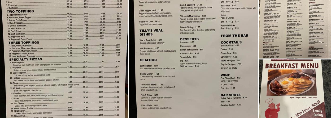 Tilly's Family Dining & Pizza Menu
