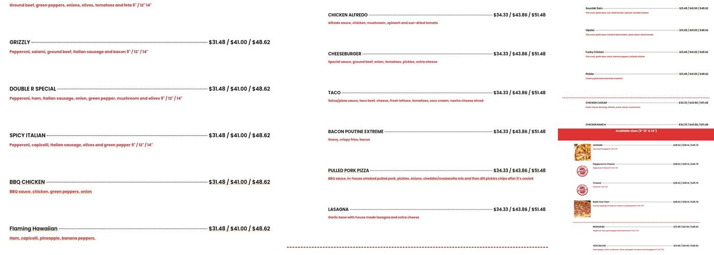 Double R Pizza Menu