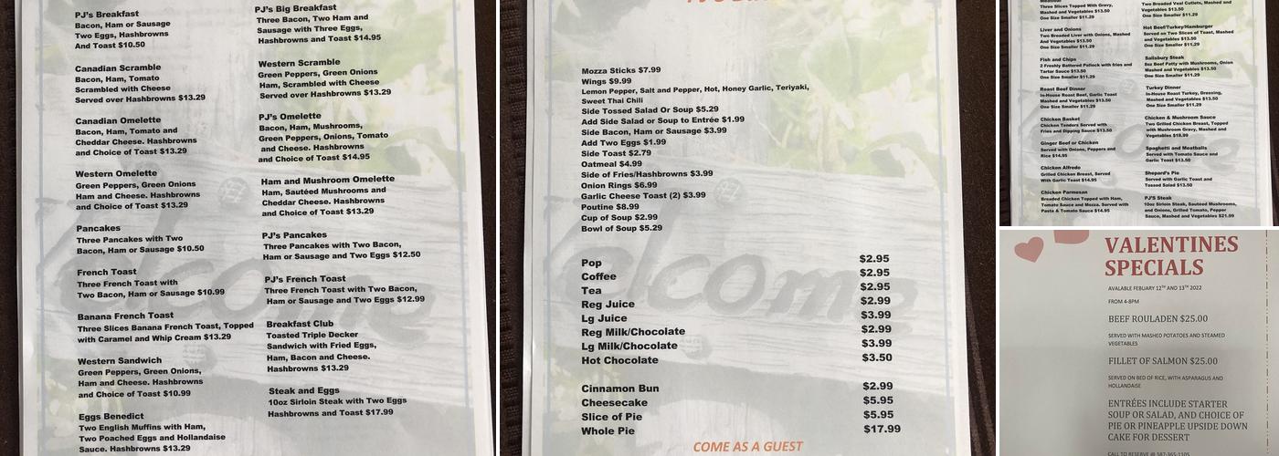 PJ'S Diner Menu