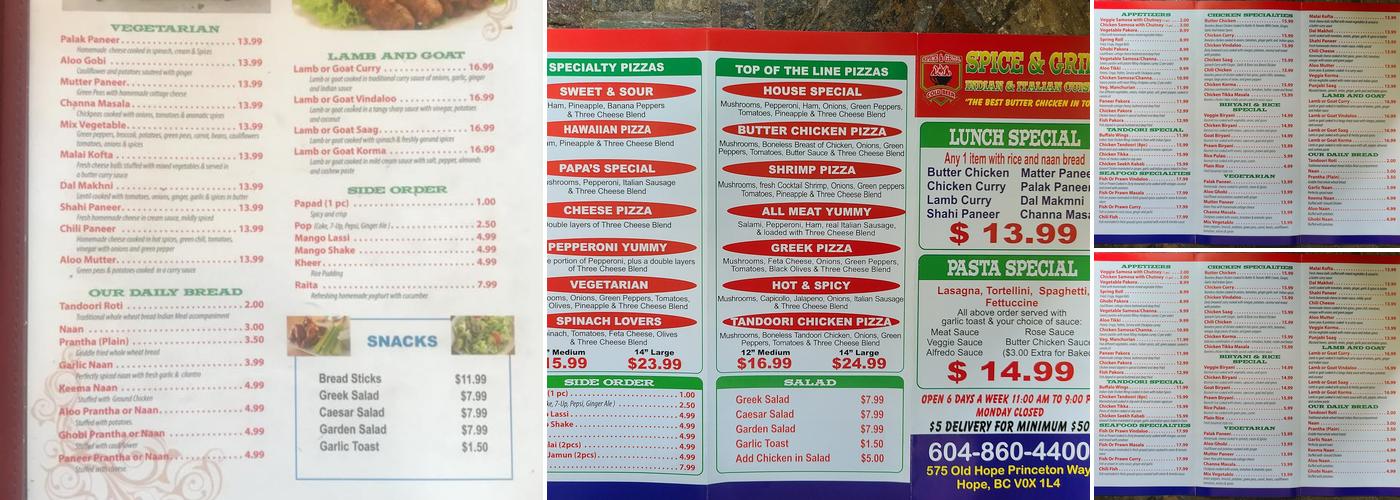 Spice and Grill Menu