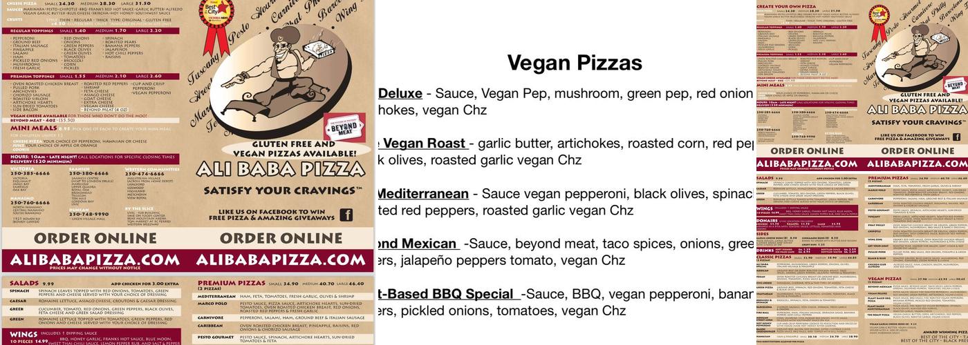 Ali Baba Pizza Menu