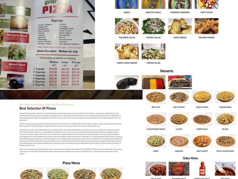 Avalanche Pizza Menu