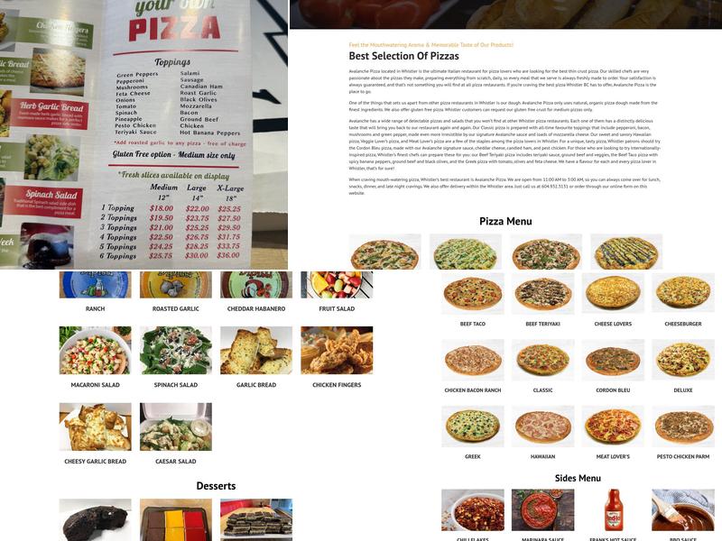 Avalanche Pizza Menu