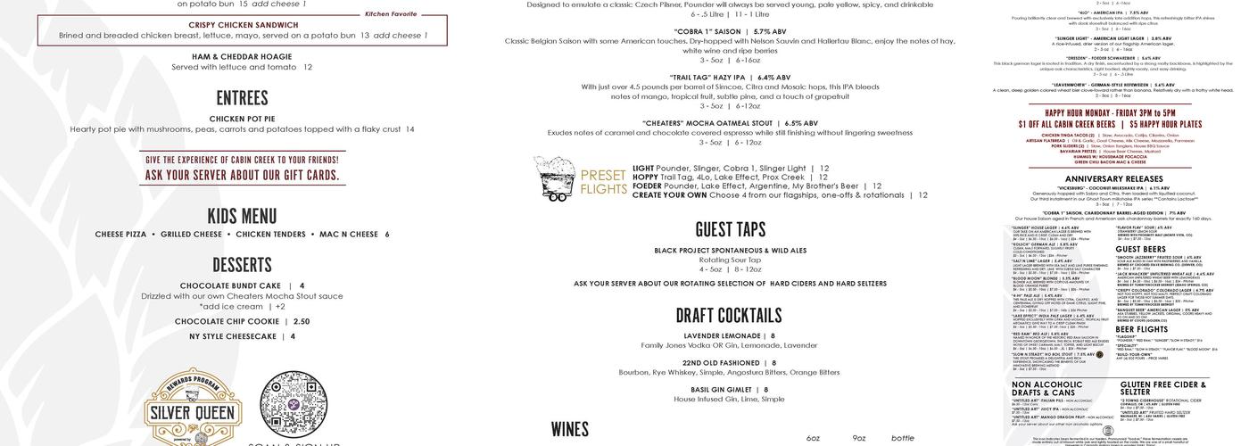 Cabin Creek Brewing Menu