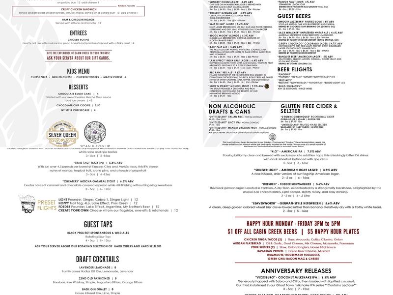 Cabin Creek Brewing Menu