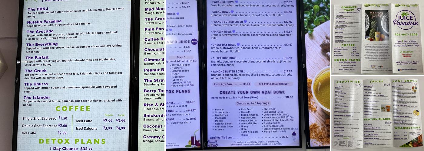 Juice Paradise & Açaí Bowls Menu