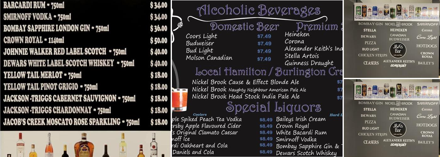 J&A's Bar Menu