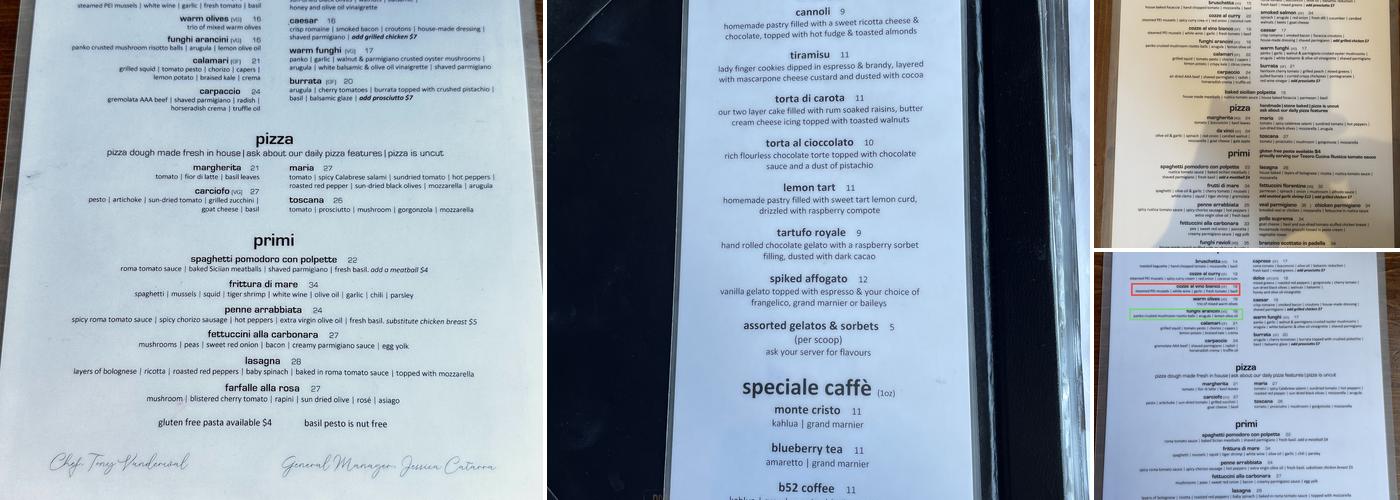 Tesoro Restaurant Menu