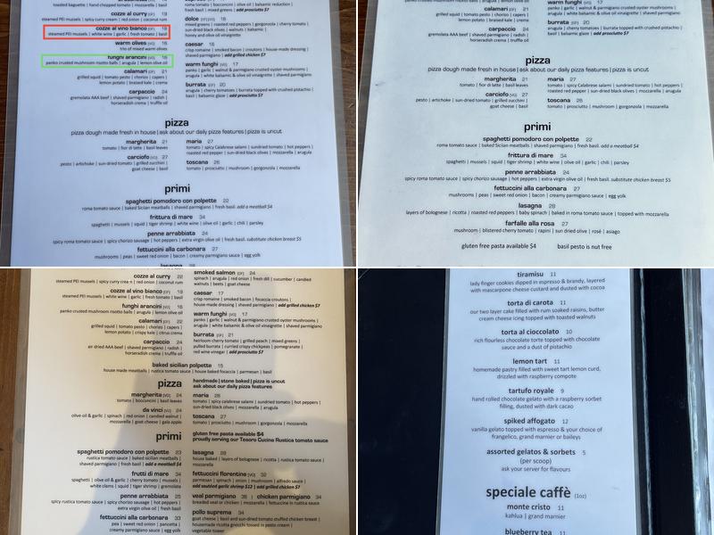Tesoro Restaurant Menu