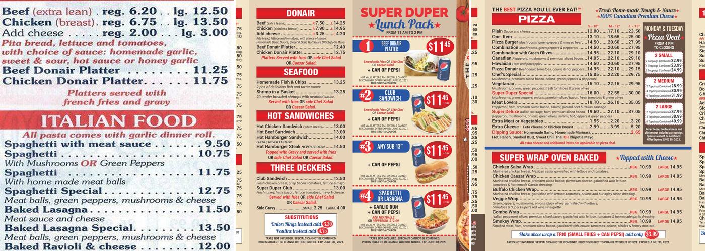 Super Duper Pizza Menu