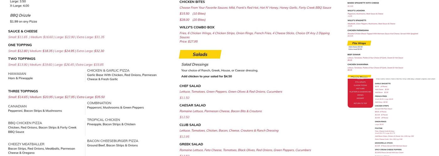Willy's Pizza Menu