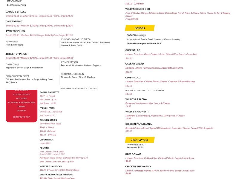 Willy's Pizza Menu