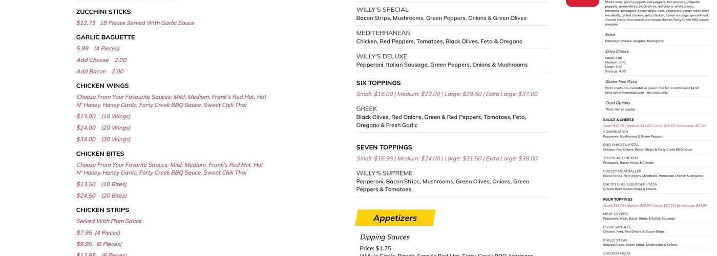 Barrhaven Willy's Pizza Menu