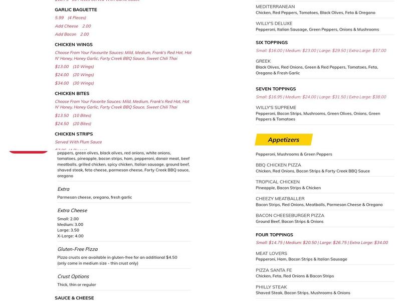 Barrhaven Willy's Pizza Menu