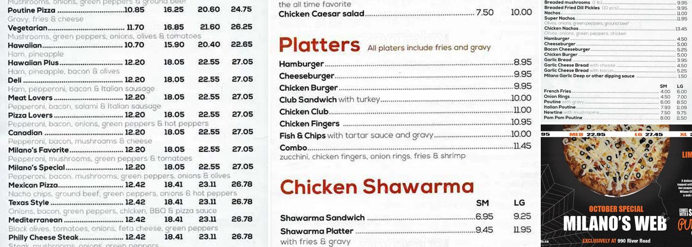 Milano Pizzeria Menu