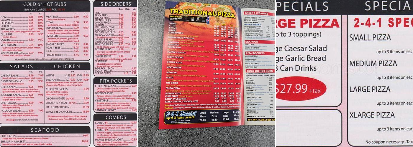Marya Pizza Menu