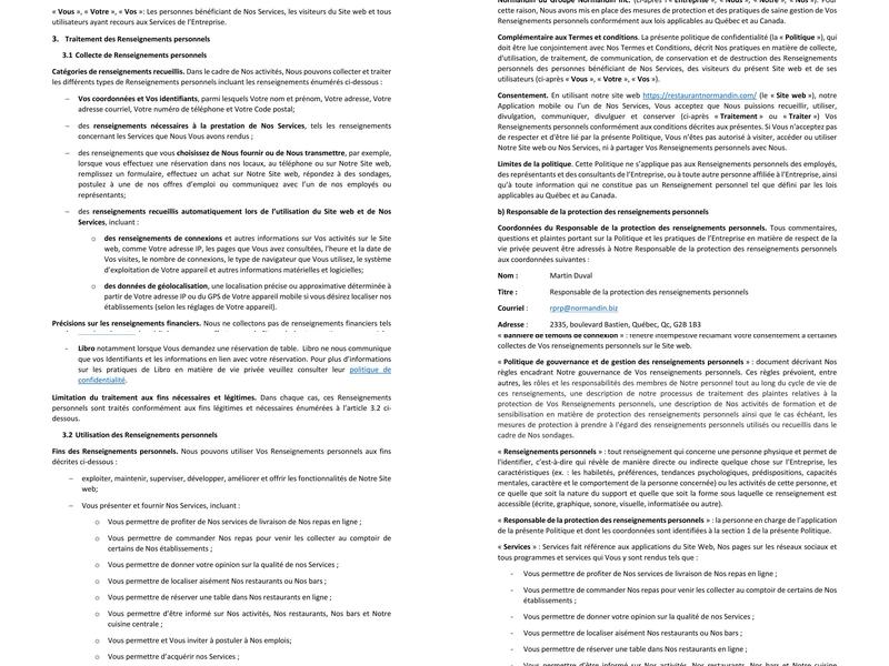 Restaurant Normandin St-Nicolas Menu