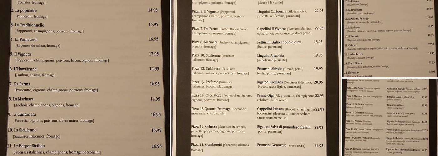 Restaurant IL Vigneto Menu