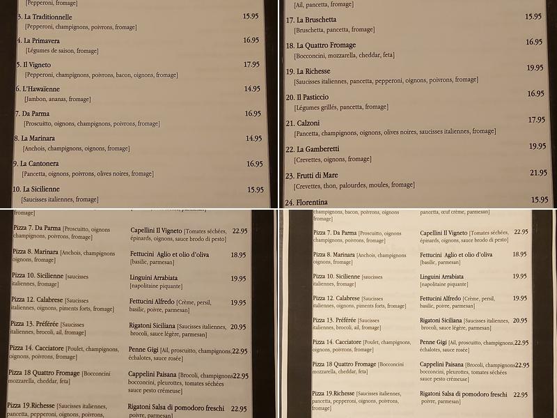 Restaurant IL Vigneto Menu