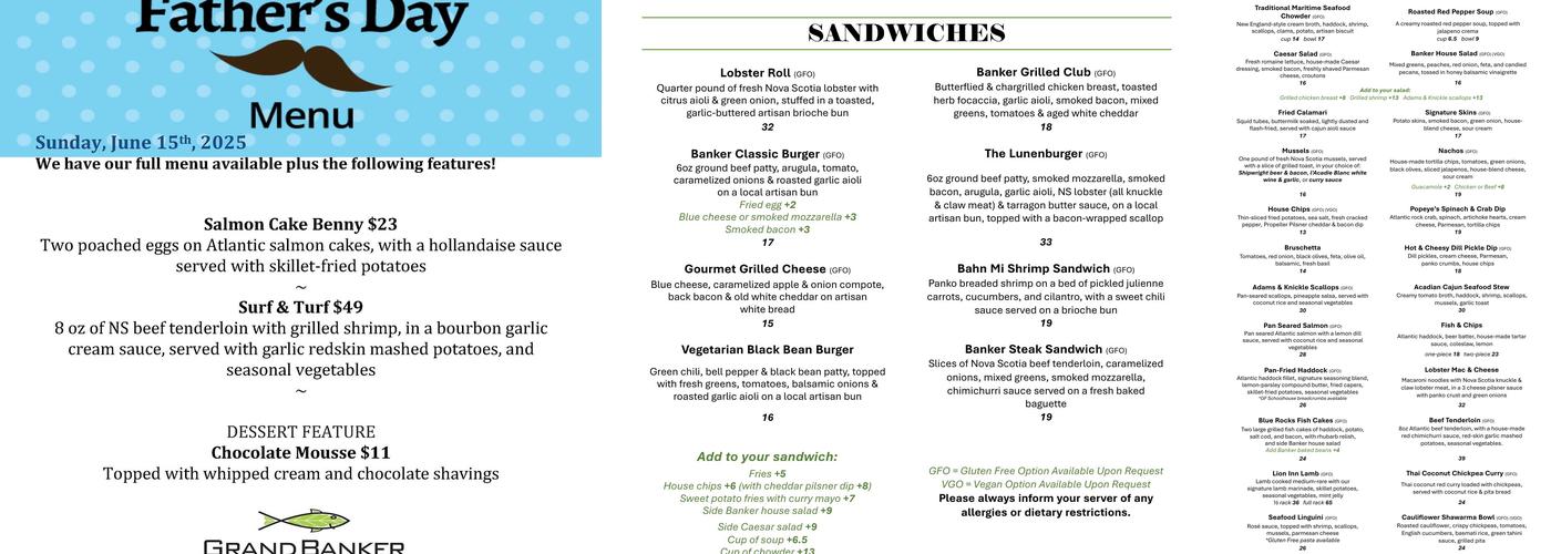 Grand Banker Bar & Grill Menu