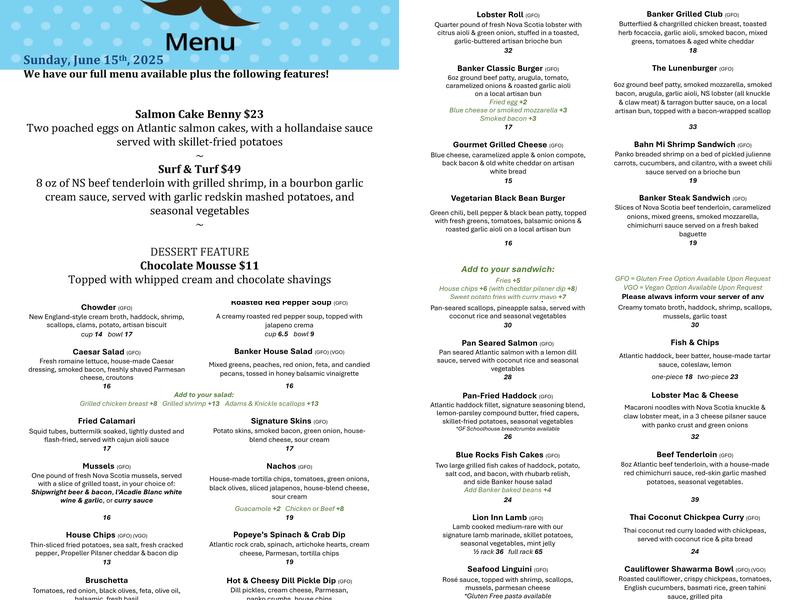 Grand Banker Bar & Grill Menu
