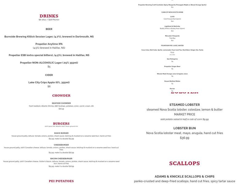 The South Shore Fish Shack Menu