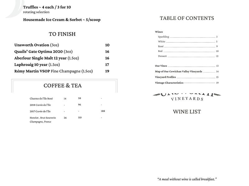 Unsworth Vineyards Menu