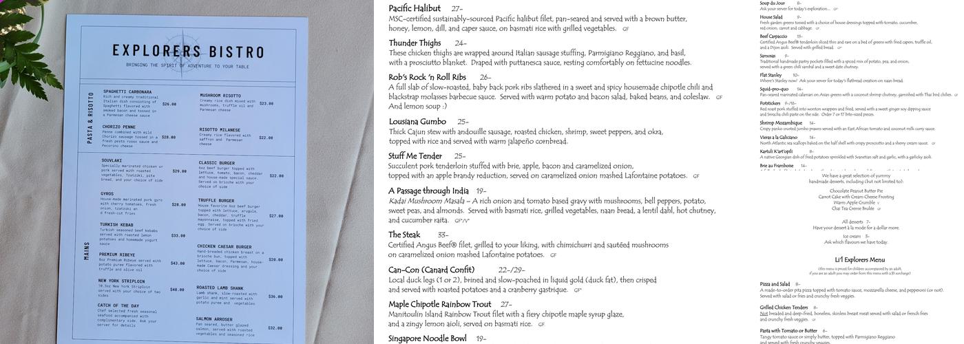 Explorers Bistro Menu