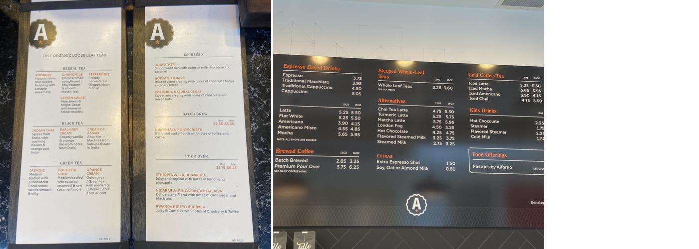 Analog Coffee Menu