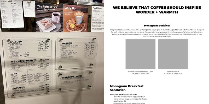 Monogram Coffee Menu