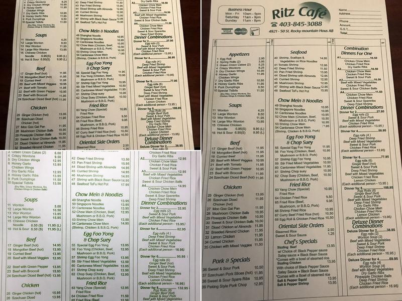 Ritz Cafe Menu