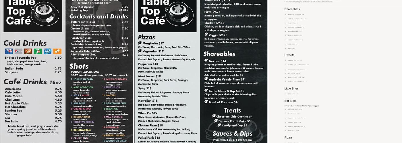 Table Top Cafe Menu