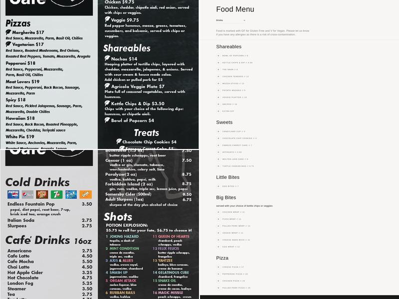 Table Top Cafe Menu