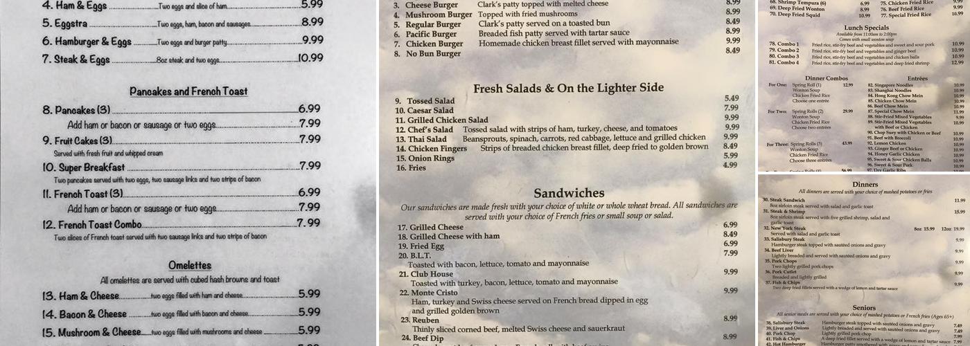 Clark's Restaurant Menu