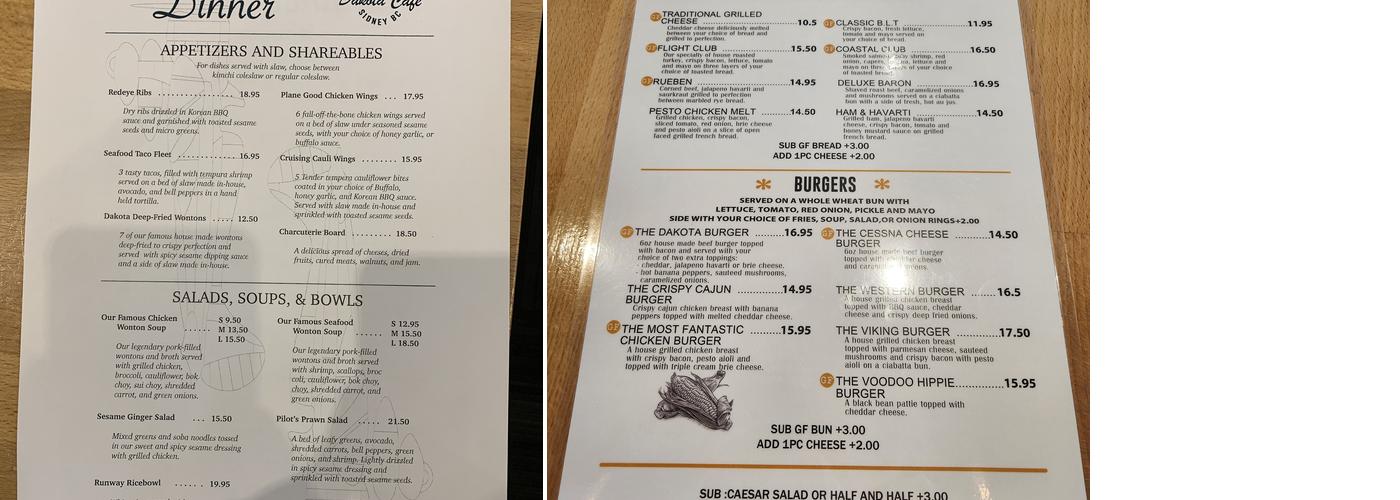 Dakota Cafe Menu