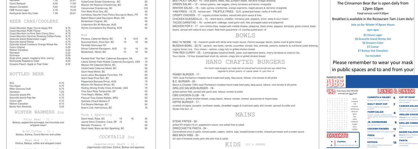 Cinnamon Bear Bar & Grille Menu