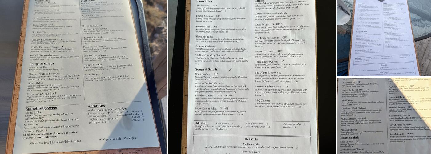 Seasons By the Sea Bistro Menu