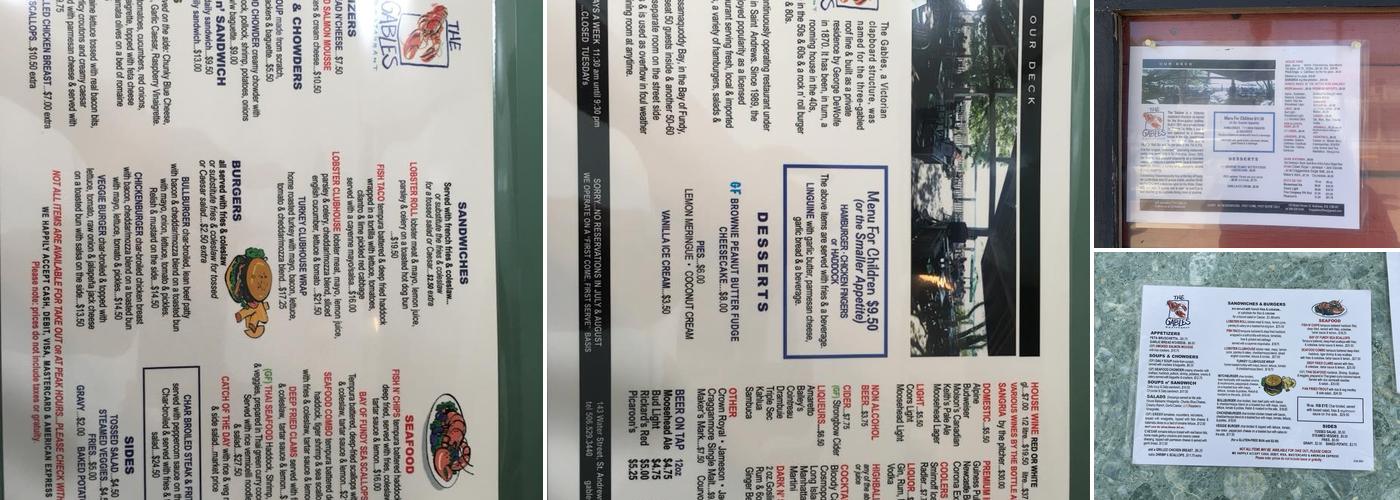 The Gables Restaurant Menu