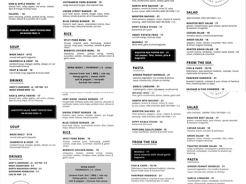The Union Street Menu