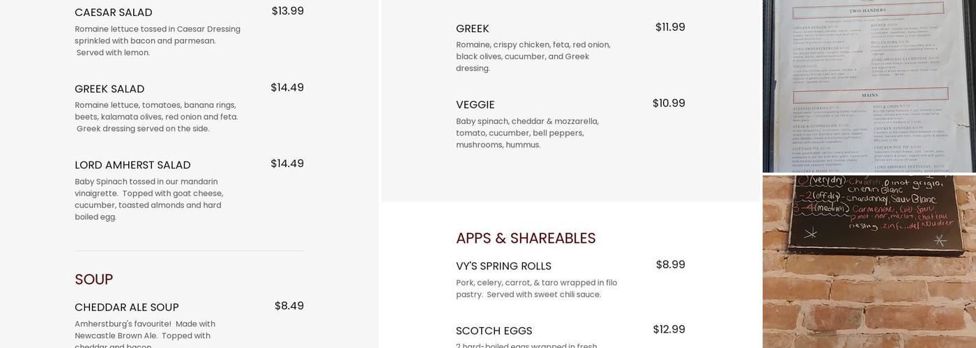 Lord Amherst Pub Menu