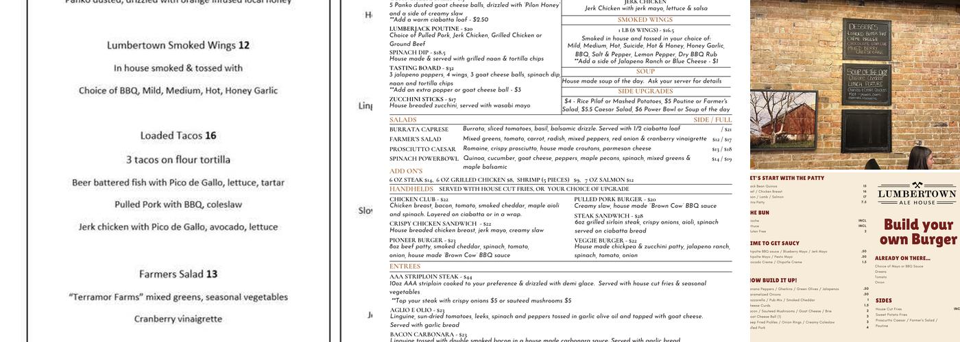 Lumbertown Ale House Menu