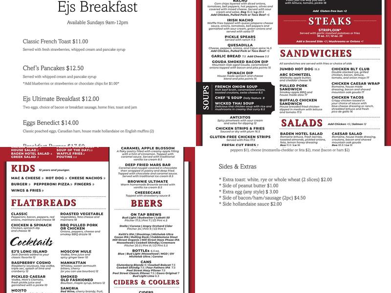 EJ's Tavern at the Baden Hotel Menu